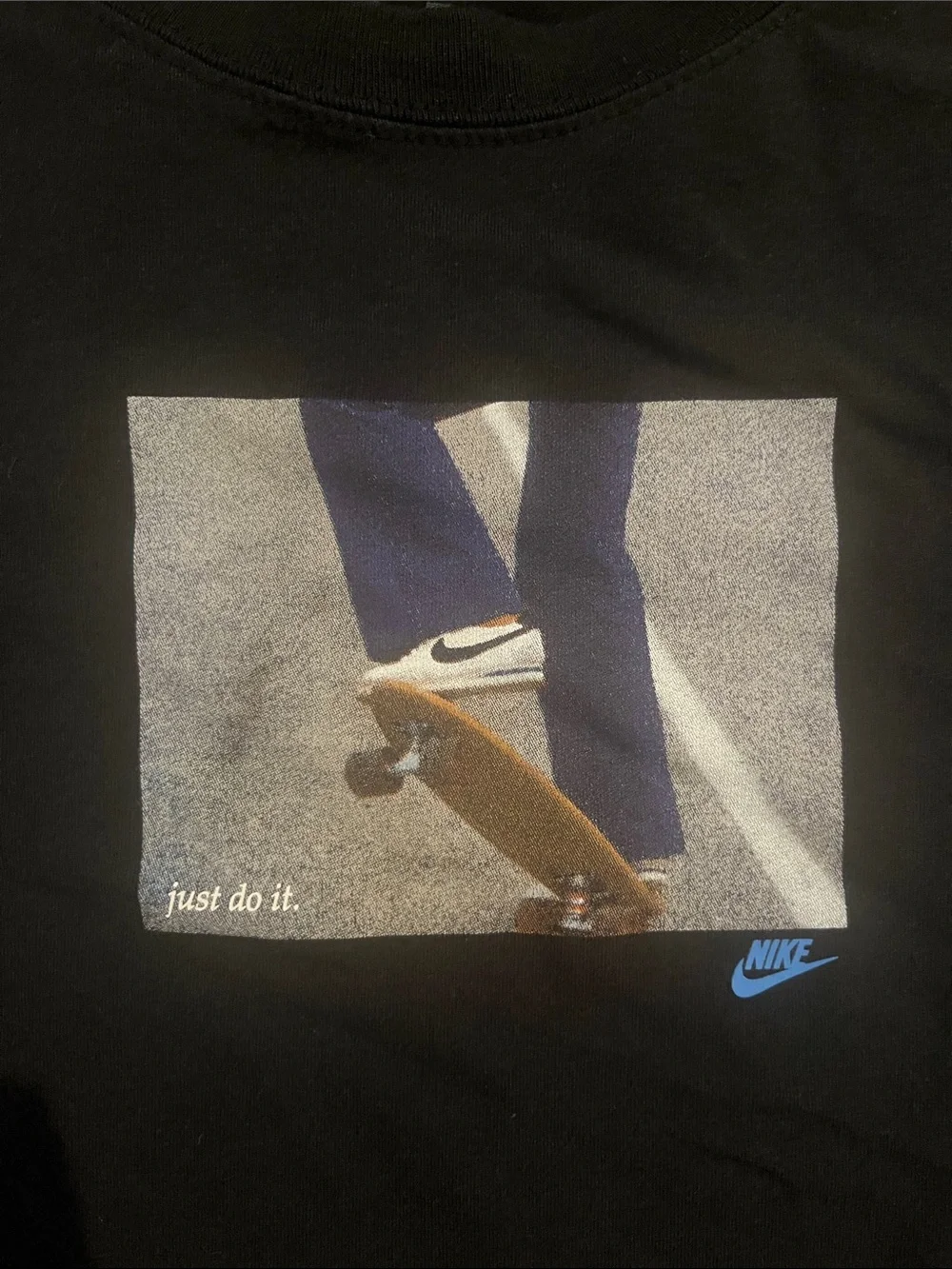 Nike Black Crop Tee with Skate Photo and Blue Swoosh